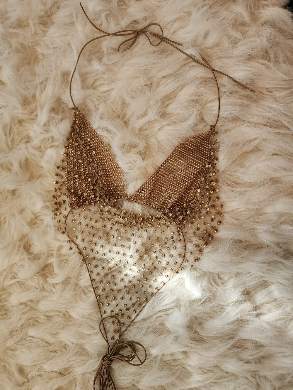 Gorgeous Gold Rhinestone With Beaded Mesh Halter Top